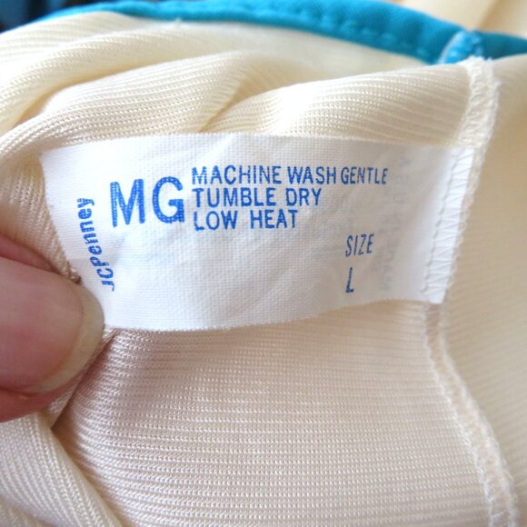 Vintage 70s Peignoir Set Full Length Nylon Nightgown Robe L Embroidery Blue Trim - Picture 8 of 16